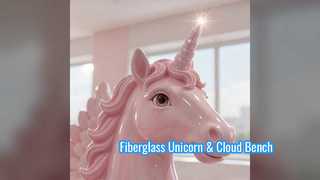 Fiberglass Pink Winged Unicorn Sculpture With Cloud Bench