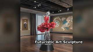 Futuristic Robot Lady Sculpture Red Dress Art