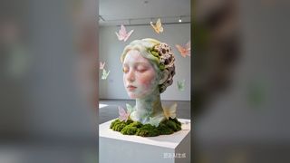 Healing Gradient Jade Resin Lady Bust Sculpture with Volcanic Rock & Butterflies